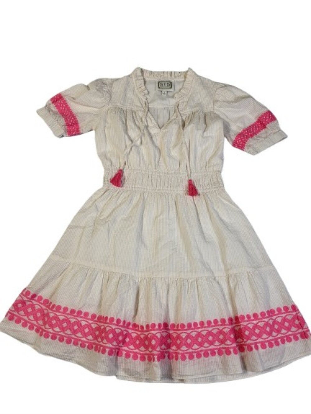 Sail to Sable White Pink Embroidered Ruffle Mini Dress Cotton Striped Lined sz S
